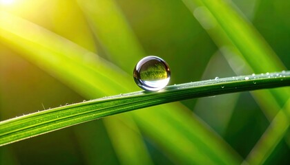 Dewdrop on Blade: A captivating close-up showcases a pristine water droplet perched delicately on a vibrant blade of grass, reflecting the surrounding nature and sunlight in its crystalline sphere.