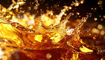 Liquid Burst: The captivating image of a liquid splash, where droplets of amber-colored liquid dance in a dynamic display of form. The moment suspended in time.