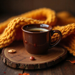 Coffee cup with knit throw on wooden tray, cozy autumn beverage art on warm rustic background