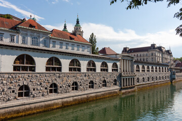 Obraz premium A beautiful panoramic shot captures the iconic architectural landmarks along the Ljubljanica River in Ljubljana