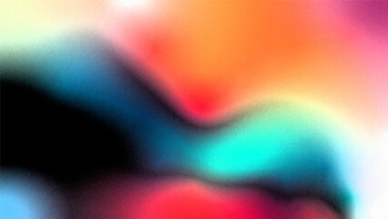 Vibrant rainbow, orange blue teal white psychedelic grainy gradient color flow wave on black...
