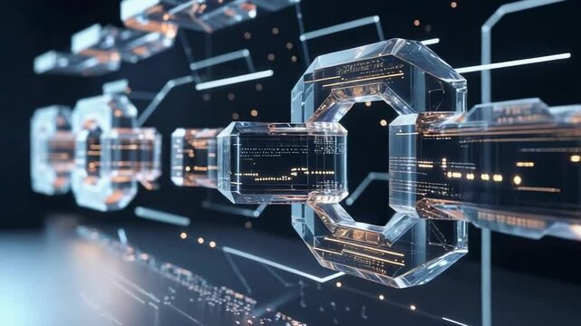 Starting camera pan showing digital chain link sliding through data grid, pulsing circuitry