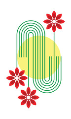 Obraz premium vector wall decoration of red abstract flowers with green curved lines and yellow circles on an attractive white background