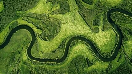 Obraz premium Winding Green River Landscape from Aerial View, Illustrating Natural Beauty, Environmental Patterns, and Serene Nature Backgrounds