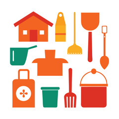 Cleaning tools and equipment flat design illustration various household objects in bold colors