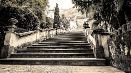 Obraz premium Sepia-toned Steps Leading Upwards in a Garden