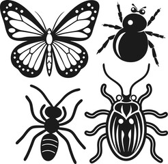 Insect silhouettes butterfly spider ant beetle black and white graphic elements