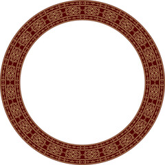 Vector golden and red round Yakut ornament. Endless circle, border, frame of the northern peoples of the Far East.