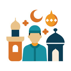 Islamic design with man mosque crescent moon and decorative elements in flat style