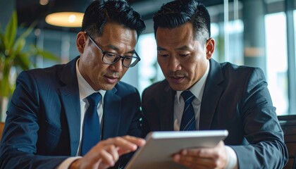 Strategic Dialogue: Two focused business professionals, engrossed in a digital tablet, engage in an animated discussion. The image conveys collaboration, innovation, and strategic planning.