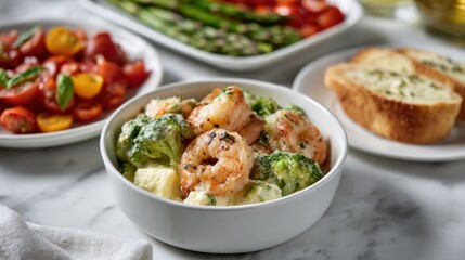 Creamy Shrimp and Broccoli Bowl with Garlic Bread and Fresh Tomato Salad on Marble