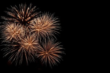 Fototapeta premium Golden Fireworks Bursts on Dark Night Sky with Copy Space, Perfect for New Year's Eve, Celebrations, and Festive Event Announcements.