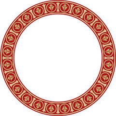 Vector gold with red round classic byzantine ornament. Circle, ring, border, Ancient Greece, Eastern Roman Empire frame. Decoration of the Russian Orthodox Church

