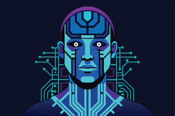 digital AI face made of glowing circuits and chips futuristic design with blue tones vector art