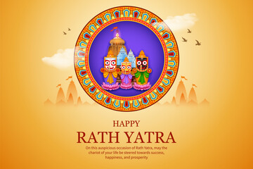Lord Jagannath, Balabhadra and Subhadra on annual Ratha Yatra in Odisha festival background