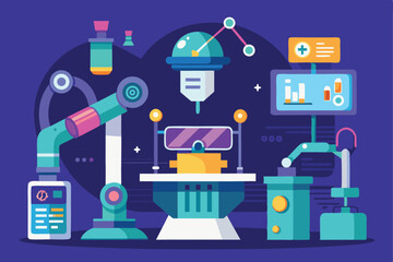 modern research lab with robotic arms  holograms and VR experiments  flat vector illustration