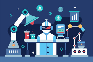 modern research lab with robotic arms  holograms and VR experiments  flat vector illustration