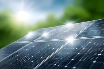 Close-up of solar panels reflecting sunlight in a green setting