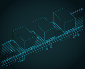 Conveyor with boxes on pallets isometric blueprint