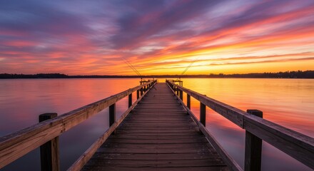 Obraz premium Serene Reflections on Water Wooden Dock at Sunset Landscape