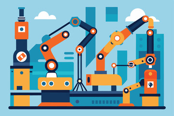 robotic arms assembling parts on factory line, advanced industry 4.0 concept  clean vector