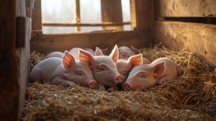 Piglets sleeping in straw