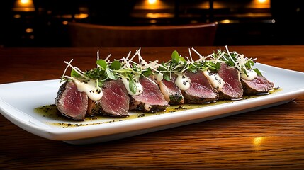 Culinary delight wagyu beef carpaccio presentation gourmet restaurant food photography elegant dining close-up gastronomy