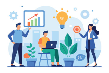 business team pitching sustainable technology to investors with charts and ideas flat vector scene