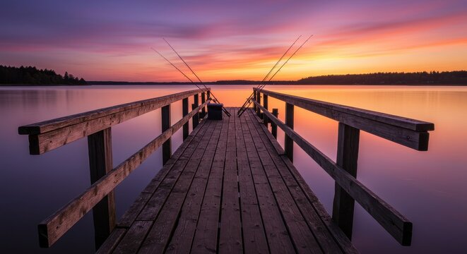 Serene Sunset Over Calm Waters and Old Wooden Pier