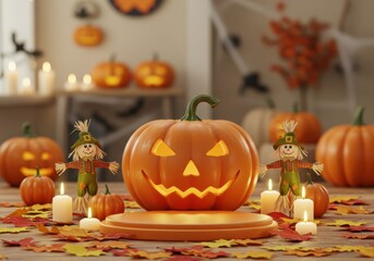 An inviting Halloween display featuring a carved pumpkin, scarecrows, and glowing candles.