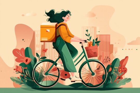 A woman riding a bike with a box on the back, symbolizing food delivery courier service in a vector flat design.
