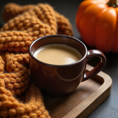 Coffee cup with knit throw on wooden tray, cozy autumn beverage art on warm rustic background