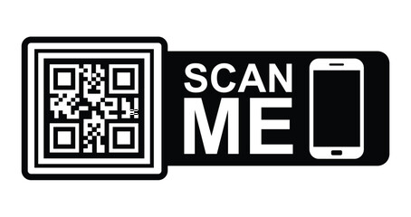 Minimalist black & white graphic: QR code in upper left with focus frame. Large white "SCAN ME" text below/to right. Stylized white smartphone icon lower right.