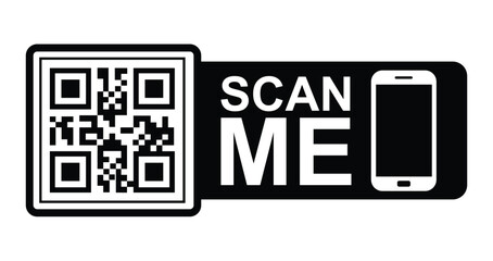 Minimalist black & white graphic: QR code in upper left with focus frame. Large white "SCAN ME" text below/to right. Stylized white smartphone icon lower right.