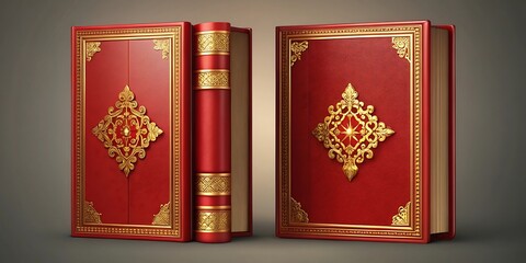 Two red and gold ornate books stand side by side