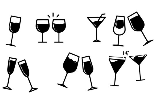 Collection of Simple Black and White Wine Glass Illustrations Perfect for Invitations, Menus, and Websites