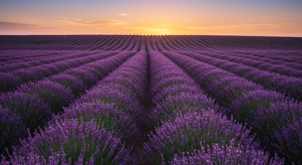 Obraz premium Purple Lavender Flowers Field During a Magnificent Sunset in Summer