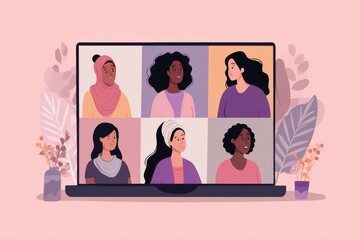This vector style illustration shows a laptop screen with four diverse women participating in an online meeting. Each woman is engaged in the virtual conversation, representing teamwork and communicat