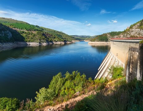 landscape of the mino river in ourense reservoir of the velle power plant