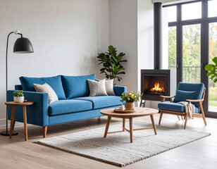 Fototapeta premium Cozy chic light blue daybed by the fireplace homey living room interior design warm atmosphere