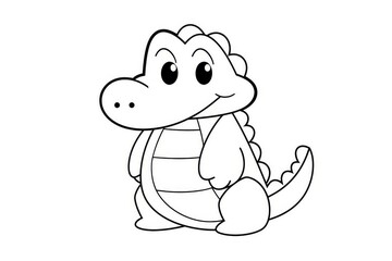 Fototapeta premium Cute kawaii style alligator simple line drawing with thick black outlines, minimalist vector logo and kids coloring page design on white background.