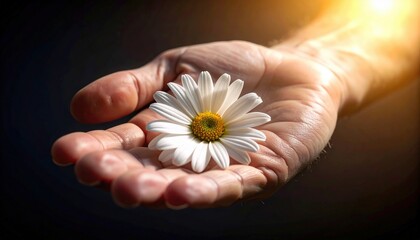 Hope in Hand: Hand delicately holding a single white daisy flower under warm light.