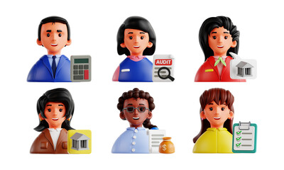 Set of Finance Characters 3D Icons Including Banker, Auditor, and More