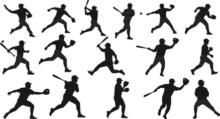 Baseball player silhouette vector, athletes in action poses, playing, batting, pitching, catching, sports icons for game, training, and design