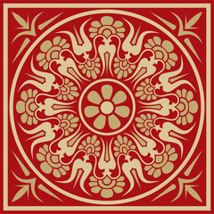 Vector gold with red classic Greek square ornament. Rectangle of Ancient Greece and Roman Empire. Byzantine painting of walls, floors and ceilings. Decoration of European palaces.
