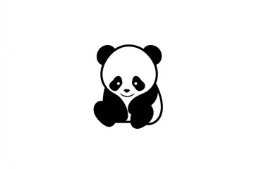 Fototapeta premium Cute sitting panda bear vector logo with bold black outlines, simple shapes, and kawaii style on white isolated background.