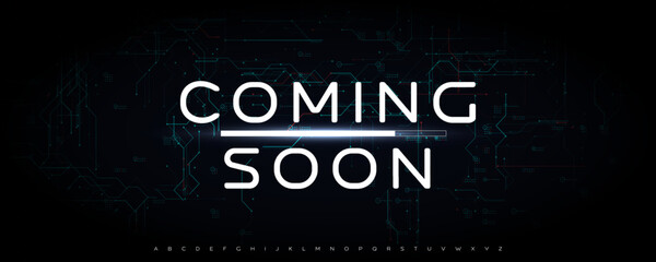 Futuristic Coming Soon Text with Glowing Light Effect on Dark Background, Perfect for Tech Projects, Websites, or Trailers. Stylish Modern Typography. Vector Illustration.