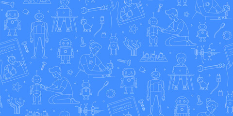 STEM Education Seamless Pattern with Kids and Robots Line Art Vector