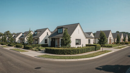 Row of modern houses in a suburban neighborhood under blue sky