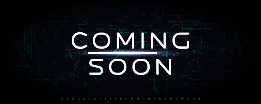 Futuristic Coming Soon Text with Glowing Light Effect on Dark Background, Perfect for Tech Projects, Websites, or Trailers. Stylish Modern Typography. Vector Illustration.